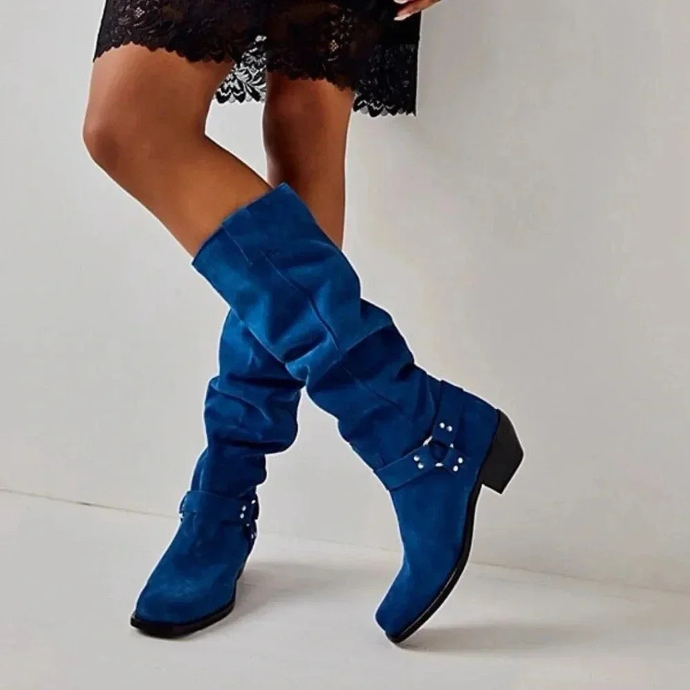 New Free People Suede Knee-High Moto Boots Lockhart Blue Womens Size 6 - Picture 3 of 16